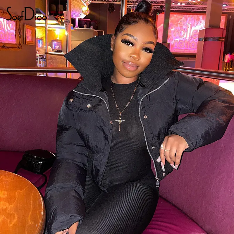 

Женская зимняя куртка-пуховик с воротником-стойкой и длинным рукавом