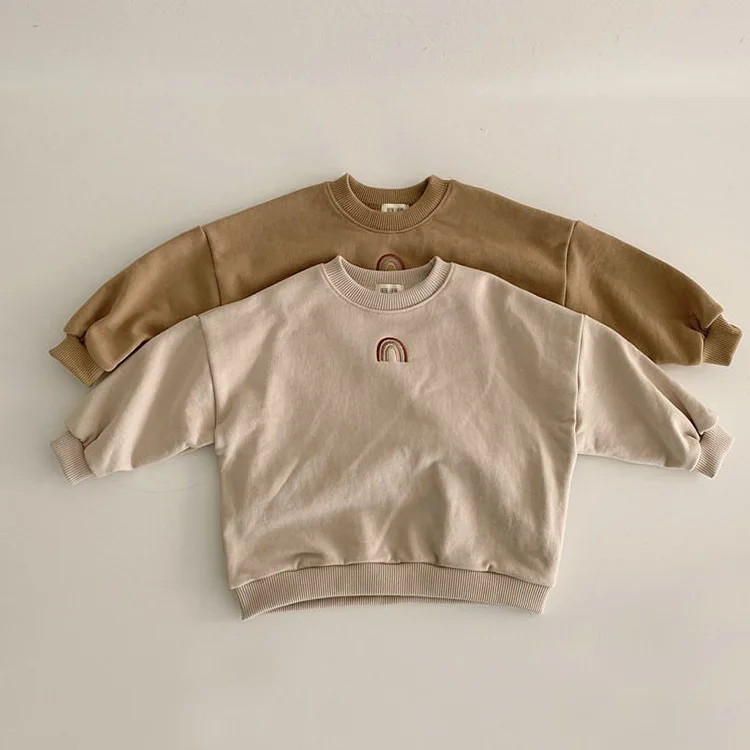 

Новые модные зимние топы Kdis Корейская версия простой радужной вышивки для мальчиков и девочек свободный утепленный свитер эксклюзивная од...