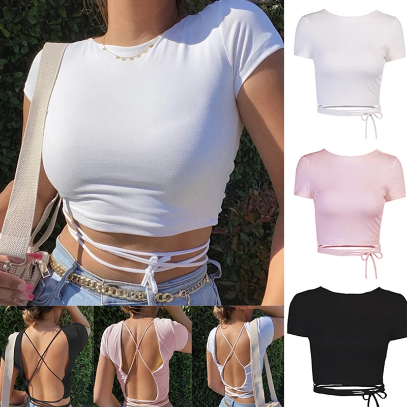

Open Back Summer Clothes For Women 2022 Fashion Black Women's Basic T-shirts Sexy Crop Tops Short Sleeve Bandage Tee Female Y2k