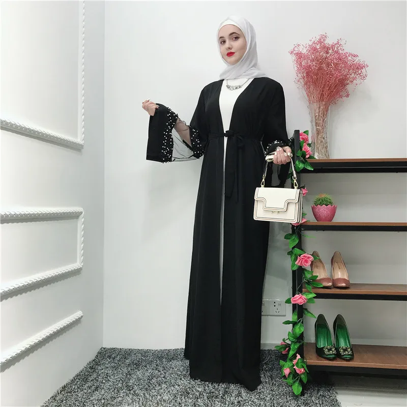 

Patterned Kimono Muslim Open Abaya Beading Black Cardigan Casual Kaftan Abaya with Sashes Caftan Ramadan Dubai Adult Outwear