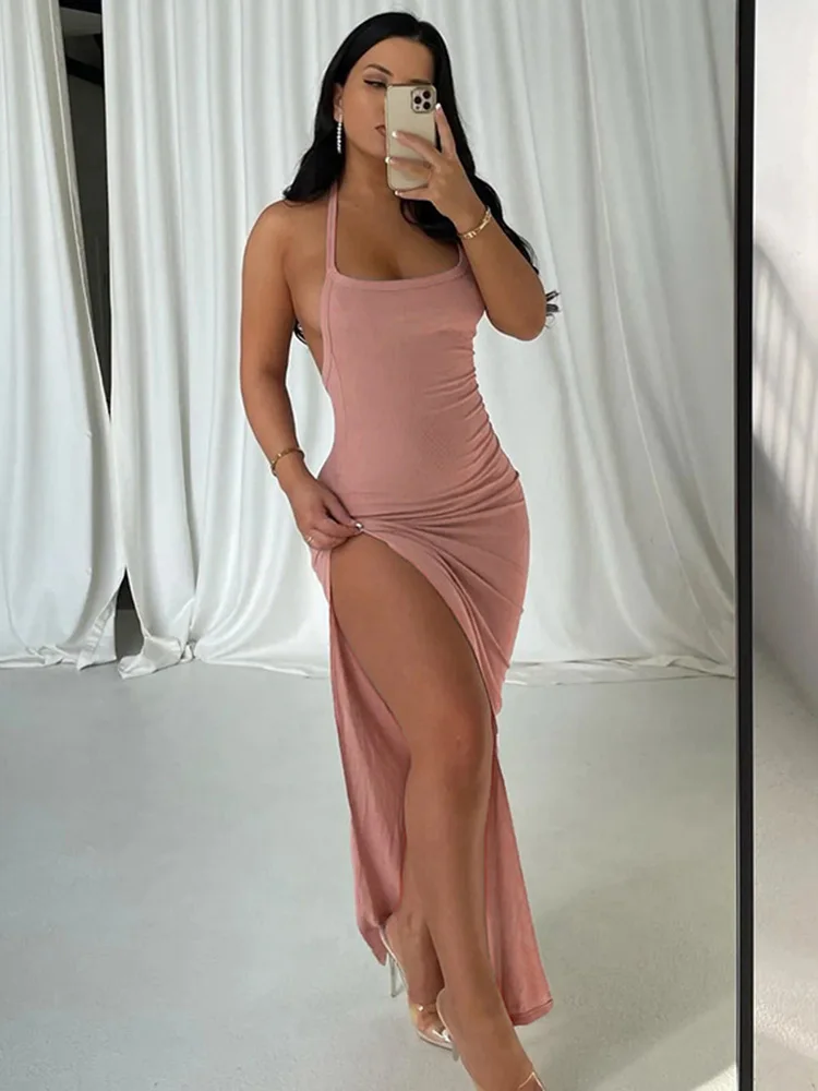 

Fashion One Shoulder Women's Long Dress Sexy Low Cut Backless Split Party Dresses for Women Summer Casual Solid Club Street Wear
