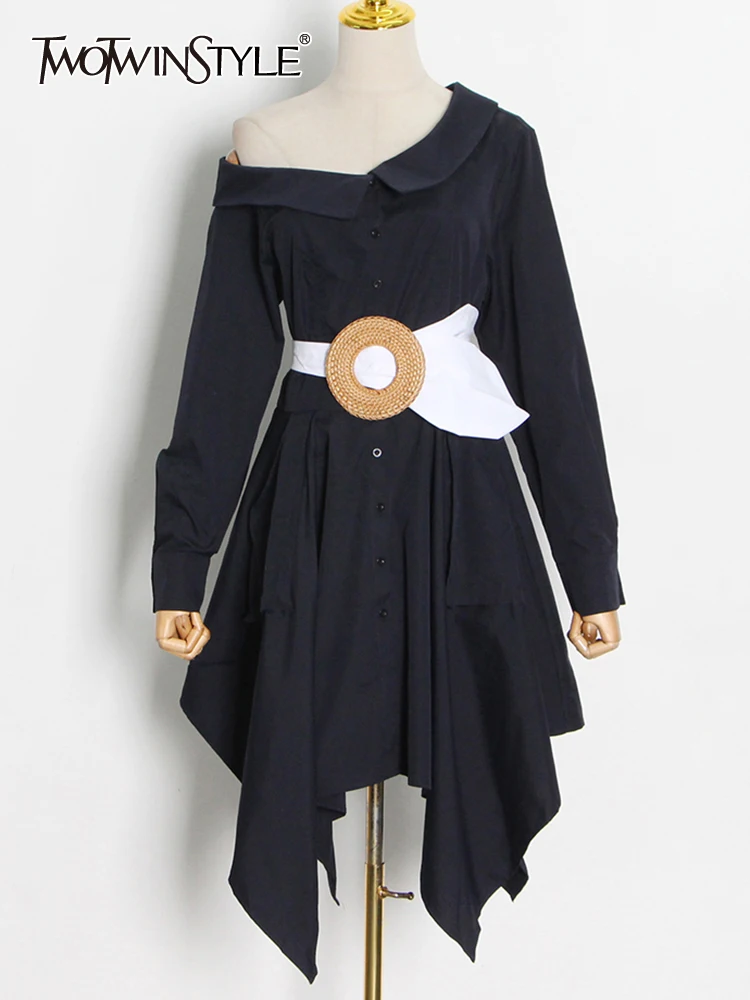 

TWOTWINSTYLE Solid Casual Dress For Women Diagonal Collar Long Sleeve Patchwork Sashes Fold Pleated Dresses Female 2022 Clothing