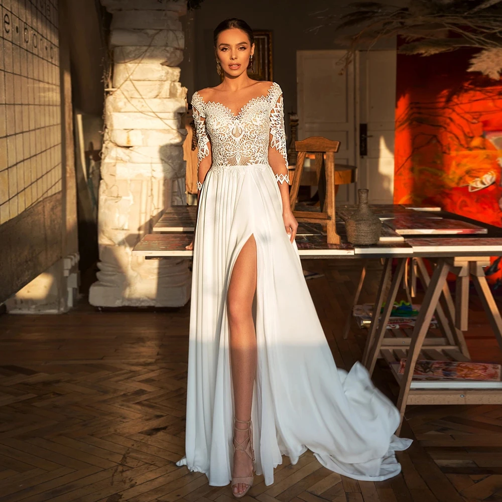 Женское свадебное платье до пола It's yiiya белое кружевное с длинным рукавом на