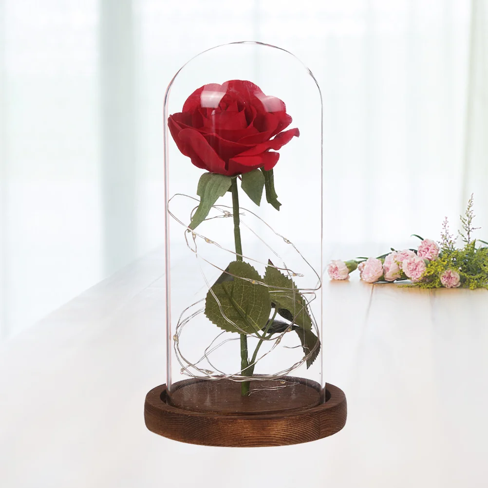 

Red Silk Rose with LED String Light Preserved in Glass Dome on Wooden Base for Valentine(Brown Base)