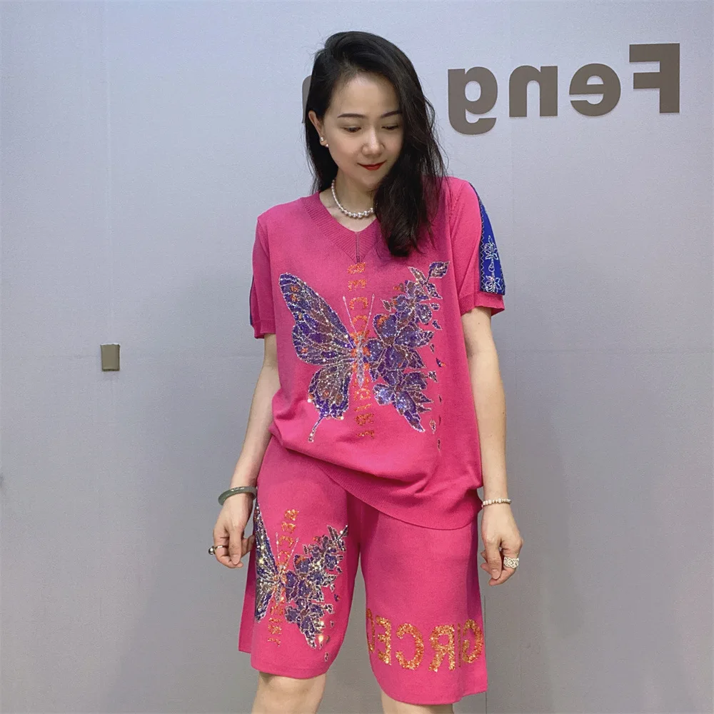 Блестящий Женский трикотажный комплект из двух предметов с блестками и