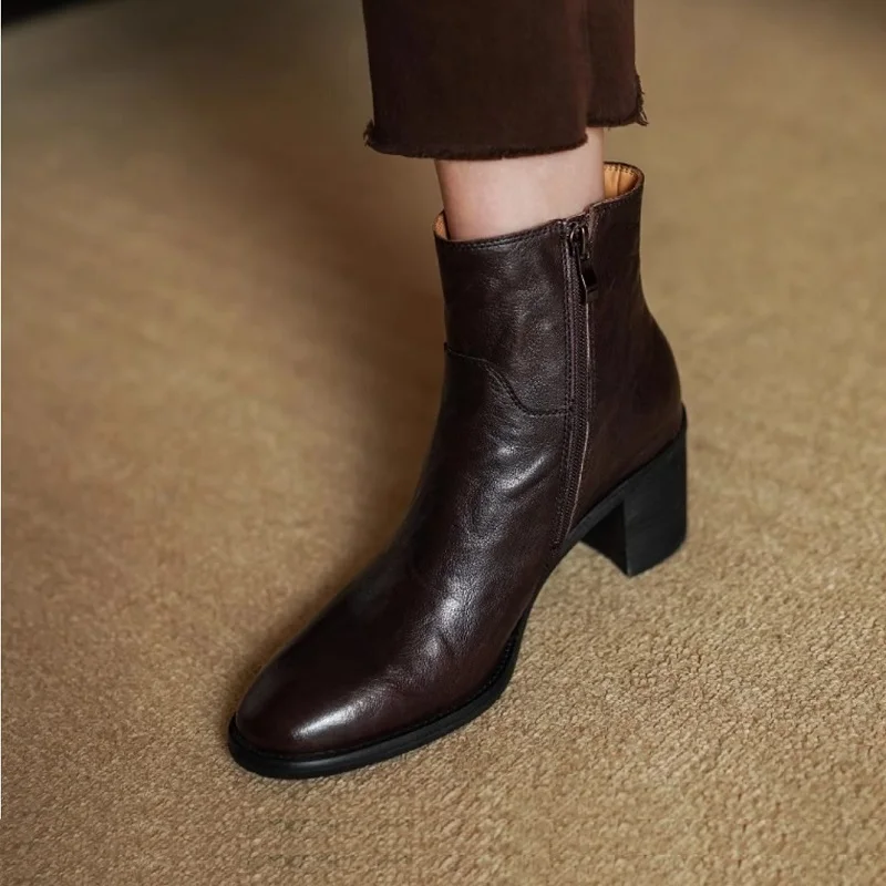 Ботильоны женские на высоком толстом каблуке выразительная обувь из воловьей