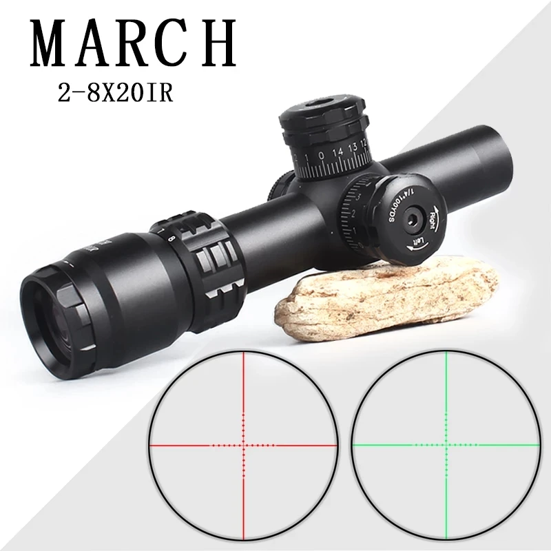 MARCH 2-8X20IR Tactical Riflescope Spotting Scope for Rifle Hunting Optical Collimator Short Airsoft Sight Red Green Reticle