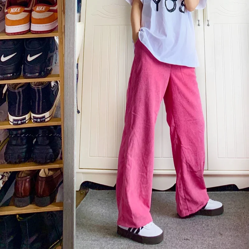 

Женские прямые брюки для девочек, шикарные розовые вельветовые ретро брюки в стиле Харадзюку, популярная женская уличная одежда, Простые Длинные эластичные женские брюки s