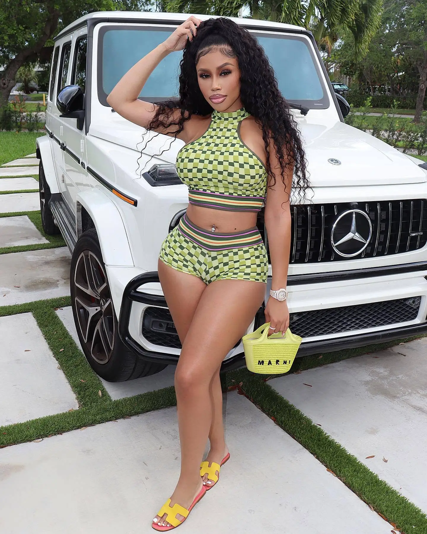 

Classic Green Plaid Print Tracksuit Workout Women Two Piece Shorts Summer Matching Sets Pullover Vest Crop Top Pants Suits