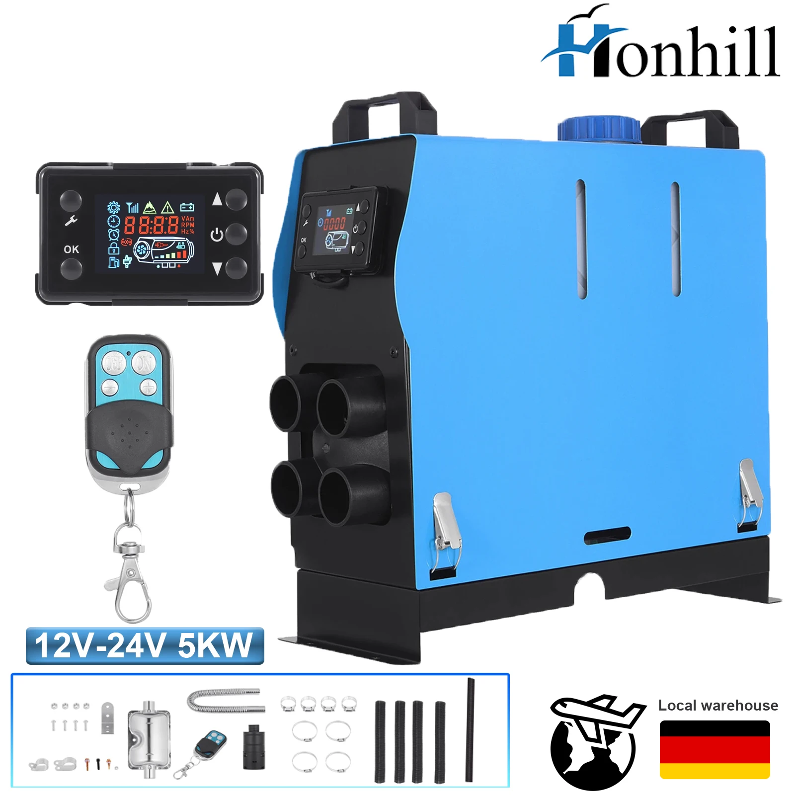 

Honhill 5KW Diesel Air Heater 12-24V All in One Car Heater with Silencer LCD Switch Remote Control for Car Bus RV Trucks SUV