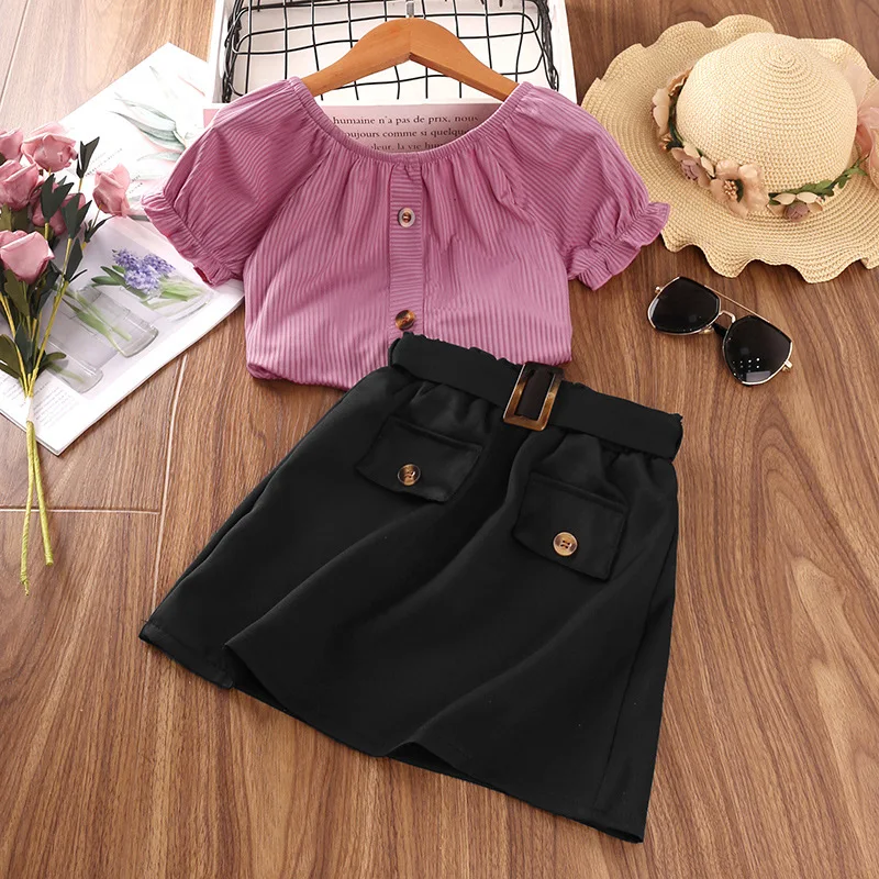

2Pcs 2022 Summer Girl Children's Sets Striped Tops+Short Skirt set clothes short sleeve Princess Baby Kids Children Clothes3-14Y