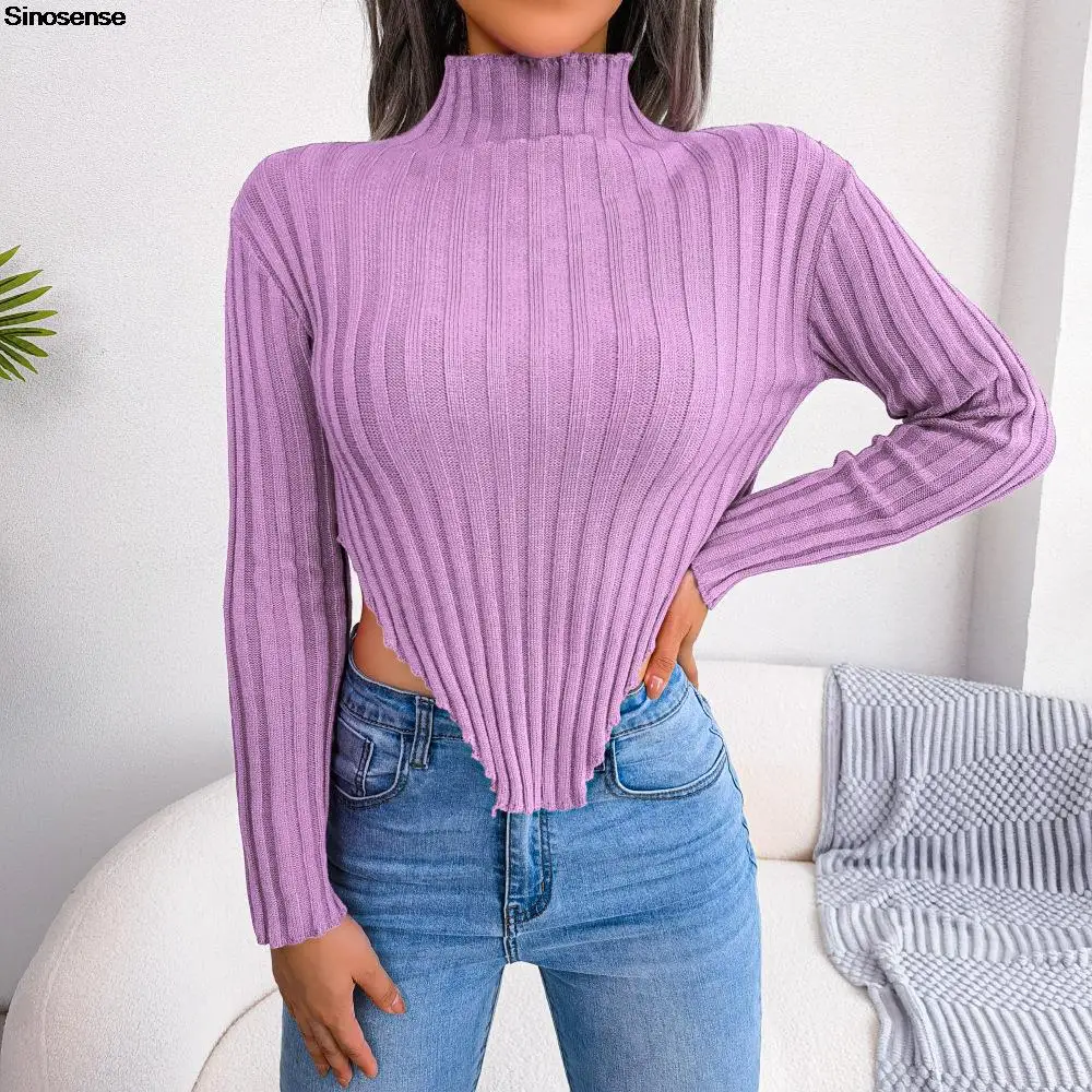 

Women's Lightweight Mock Neck Cropped Sweater Pullover Spring Autumn Long Sleeve Asymmetric Knit Crop Top Knitted Jumper Tops