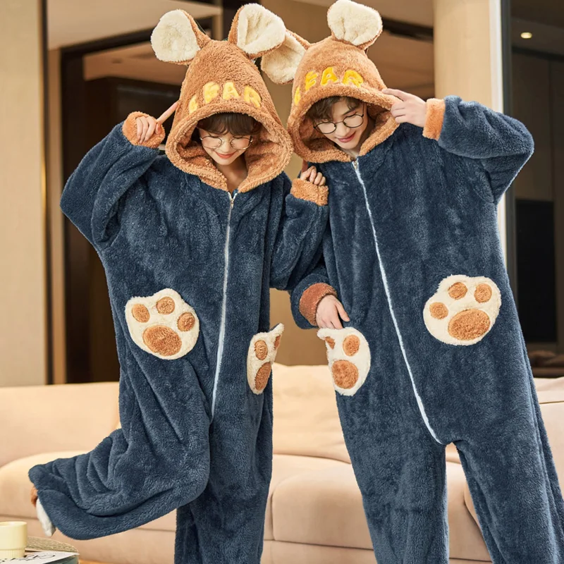 2022 Couples Pajamas Jumpsuits Sleepwear Women Men Winter Thicken Hoodies Cartoon Rabbit Pyjamas Coral Fleece  Loose Soft Warm