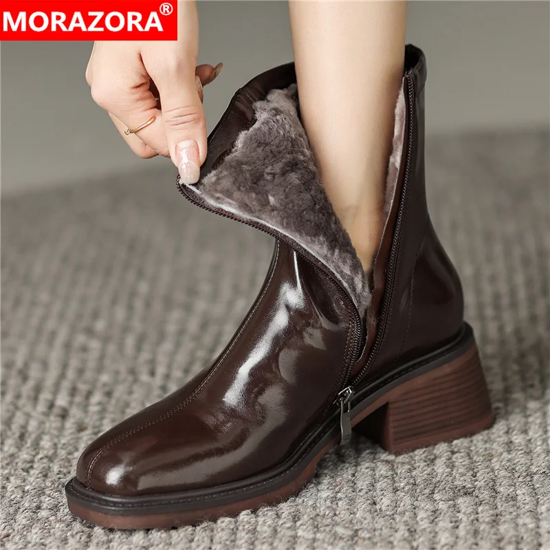 

Size 34-42 Ankle Boots For Women Square Heel Zip Genuine Leather Boots Retro Warm Winter Wool Snow Boots Ladies Shoes
