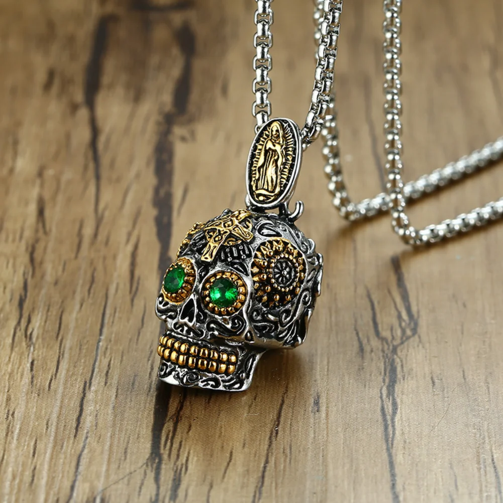 

Mexican Gold Color Skull Green Eyes Pendant Necklace 2023 Retro Punk Hip-hop Rock Biker Necklace Men's Women's Jewelry Gift