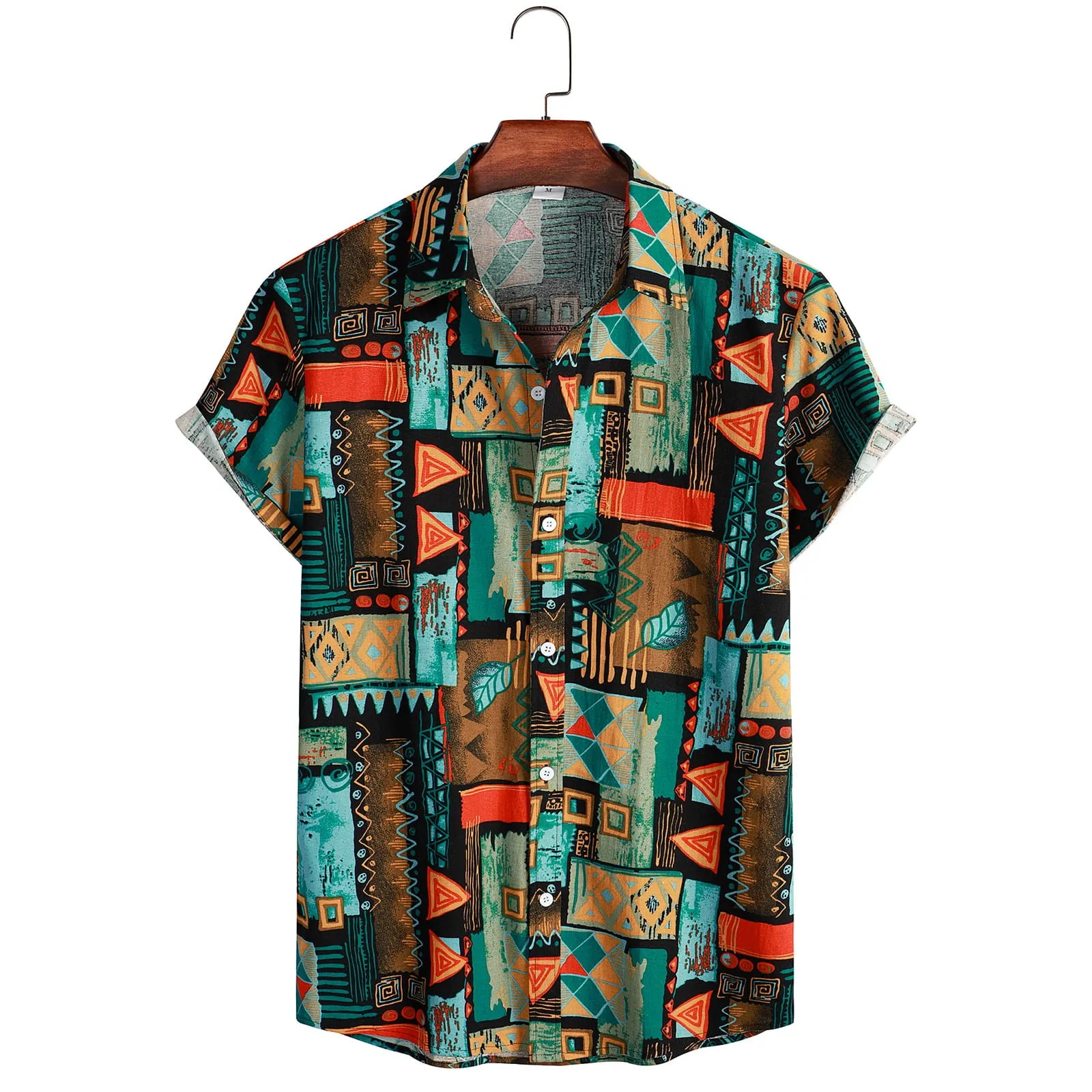 Men Short Sleeve Ethnic Style Printed Shirt Geometric Folk Pattern Floral Shirt Casual Summer Hawaiian Holiday Camisa Tops