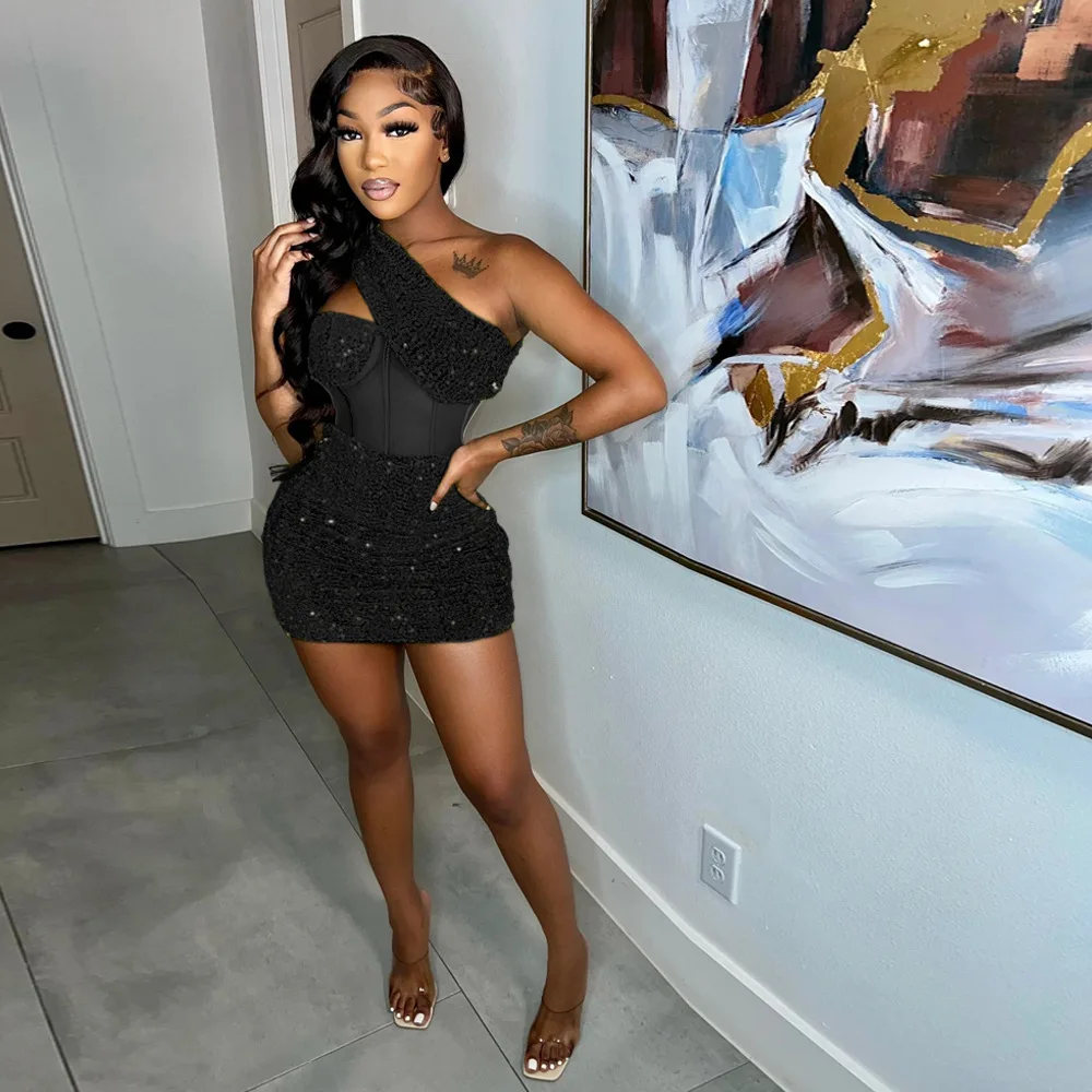 

2023 Summer Women Sleeveless One Shoulder Bodycon Sexy Glitter Sequined Mesh Patchwork Mini Dress For Women Birthday Party