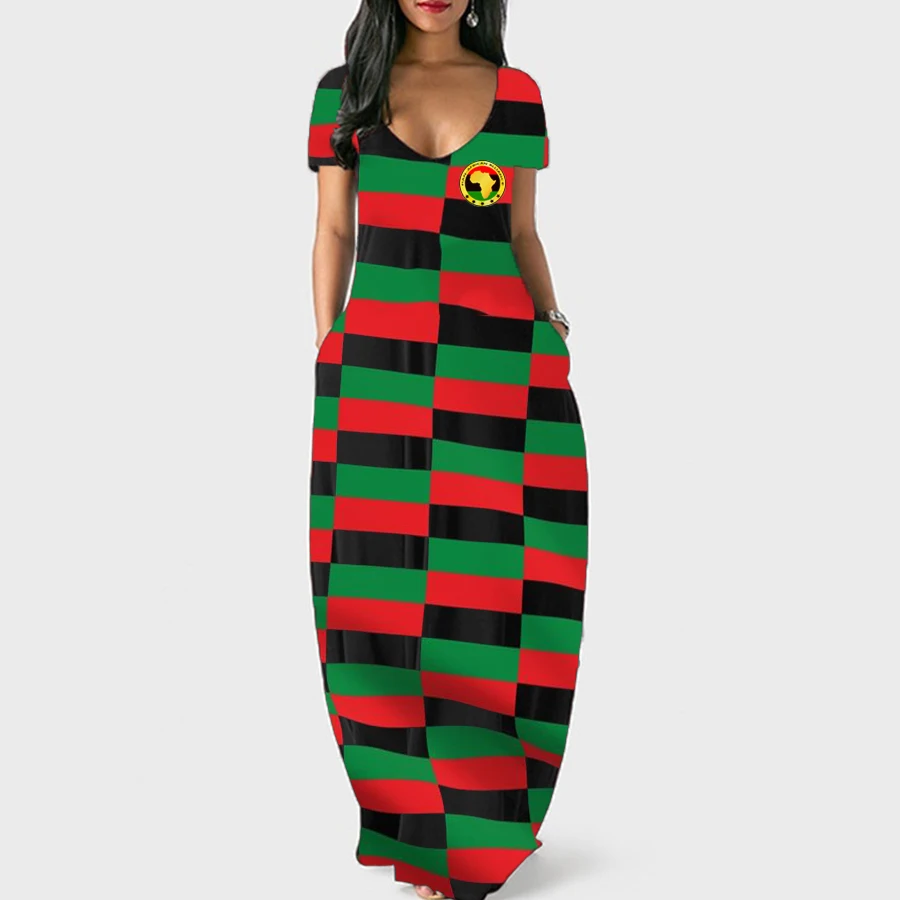 

Pan-africanism Fashion Sexy Print V-neck Short Sleeve Long Dress