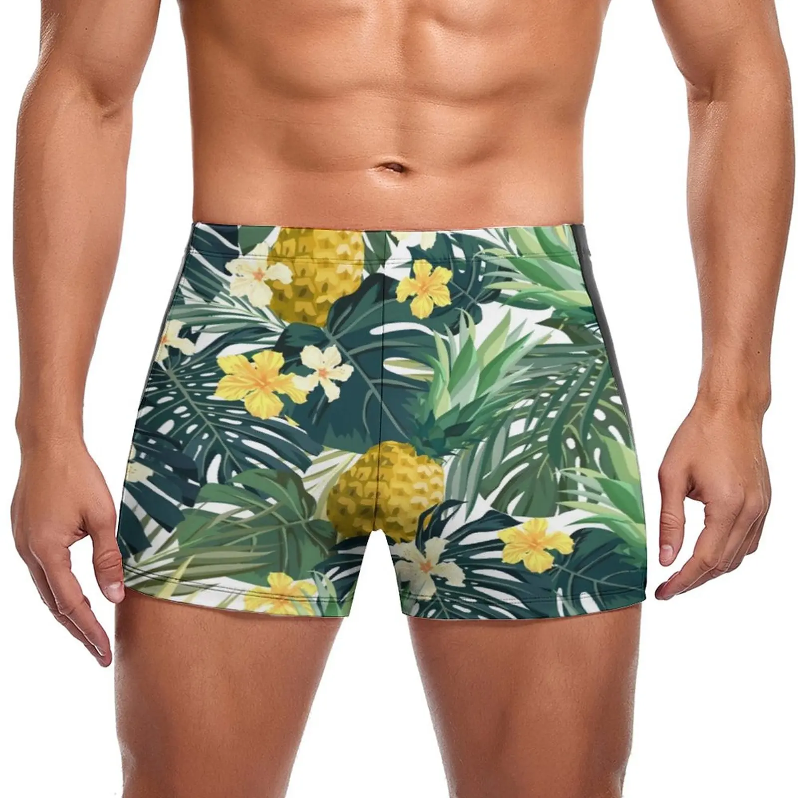 

Tropical Floral Print Swimming Trunks Light Pineapple Custom Quick Dry Swim Boxers Training Push Up Men Swimsuit