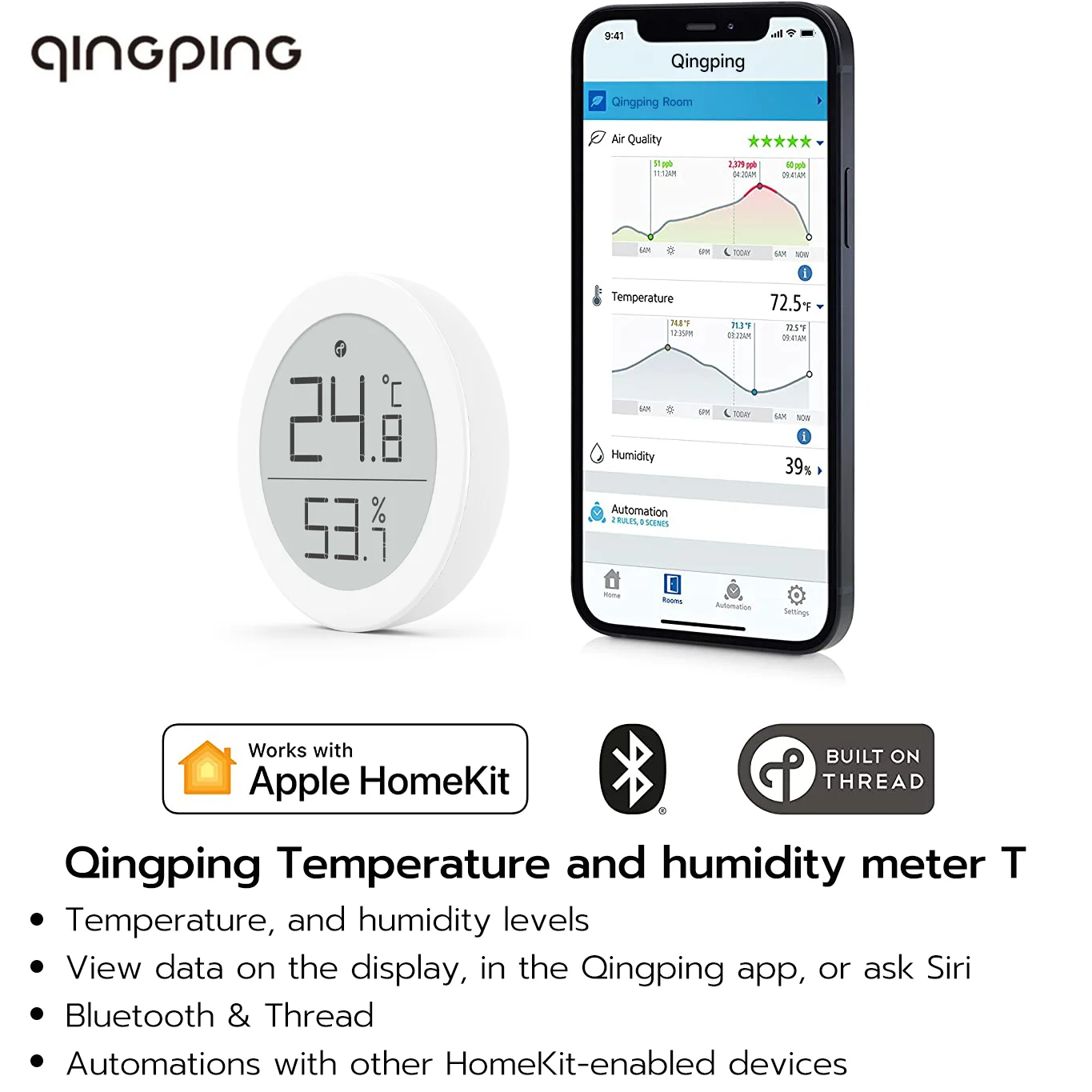

Qingping Thread Temp & RH monitor T Apple HomeKit Smart Home Tracking Thermo-Hygrometer Sensors,Wireless,Bluetooth and Thread