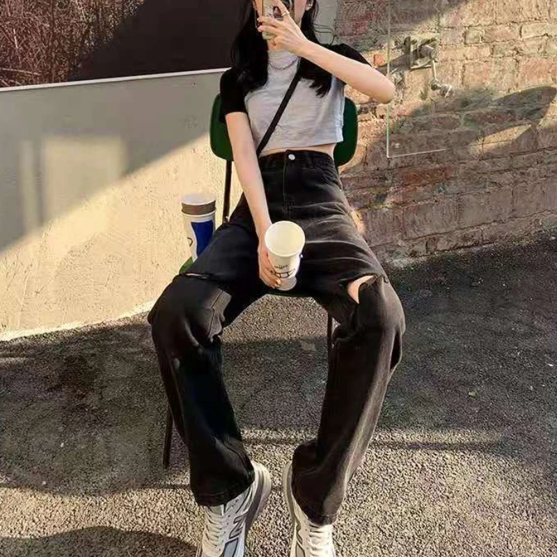Women's Spring and Autumn 2021 New Loose Thin Drape Wide-leg Mopping Pants Black High-waist Ripped Straight-leg Classic Jeans