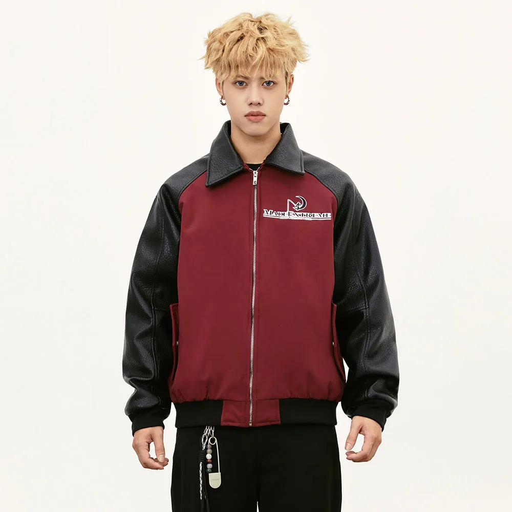 

MADE EXTREME Leather PU Moon Contrast Leather Harrington Thick Jacket Cleanfit Coat Men Winter