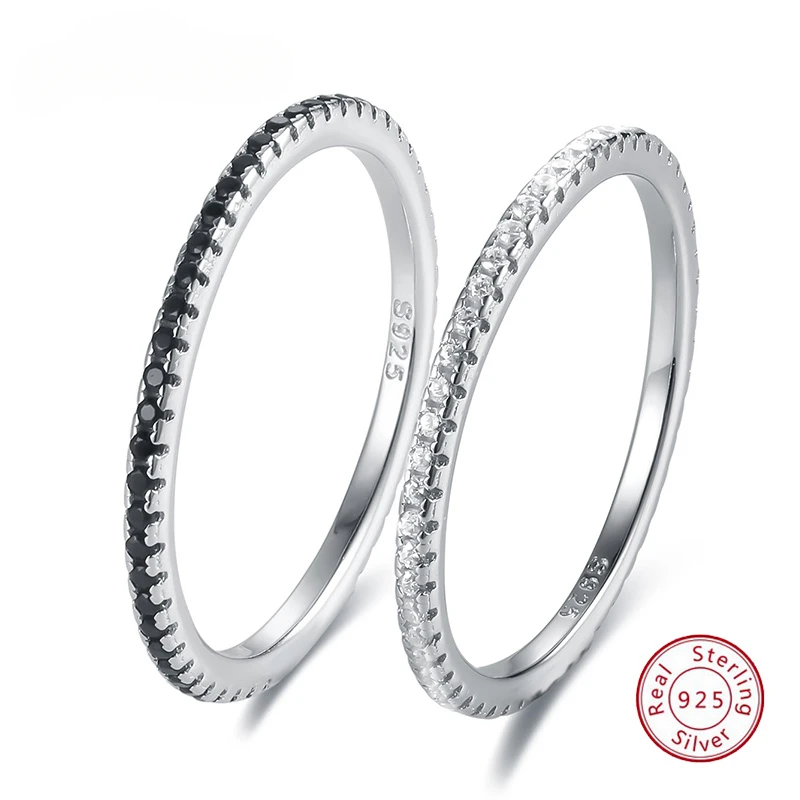 

Thin 925 Sterling Silver Jewelry Shiny Zircon Women's Rings Black White Stacking Paired 18k Gold Plated Fine Solid Bands Ring