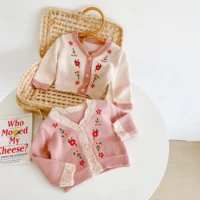2022 wholesale autumn all match infant girl baby coat flower embroidered knitted sweater cardigan long sleeve coat