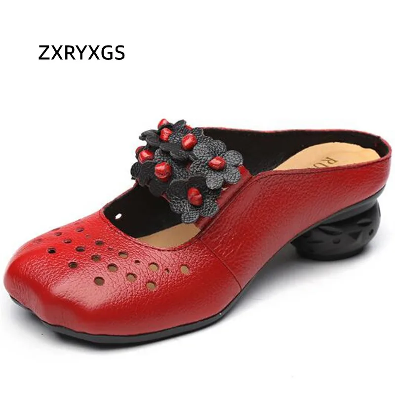 

ZXRYXGS 2023, женские модные сандалии в этническом стиле из натуральной воловьей кожи с цветами, обувь на среднем толстом каблуке, женские Тапочки