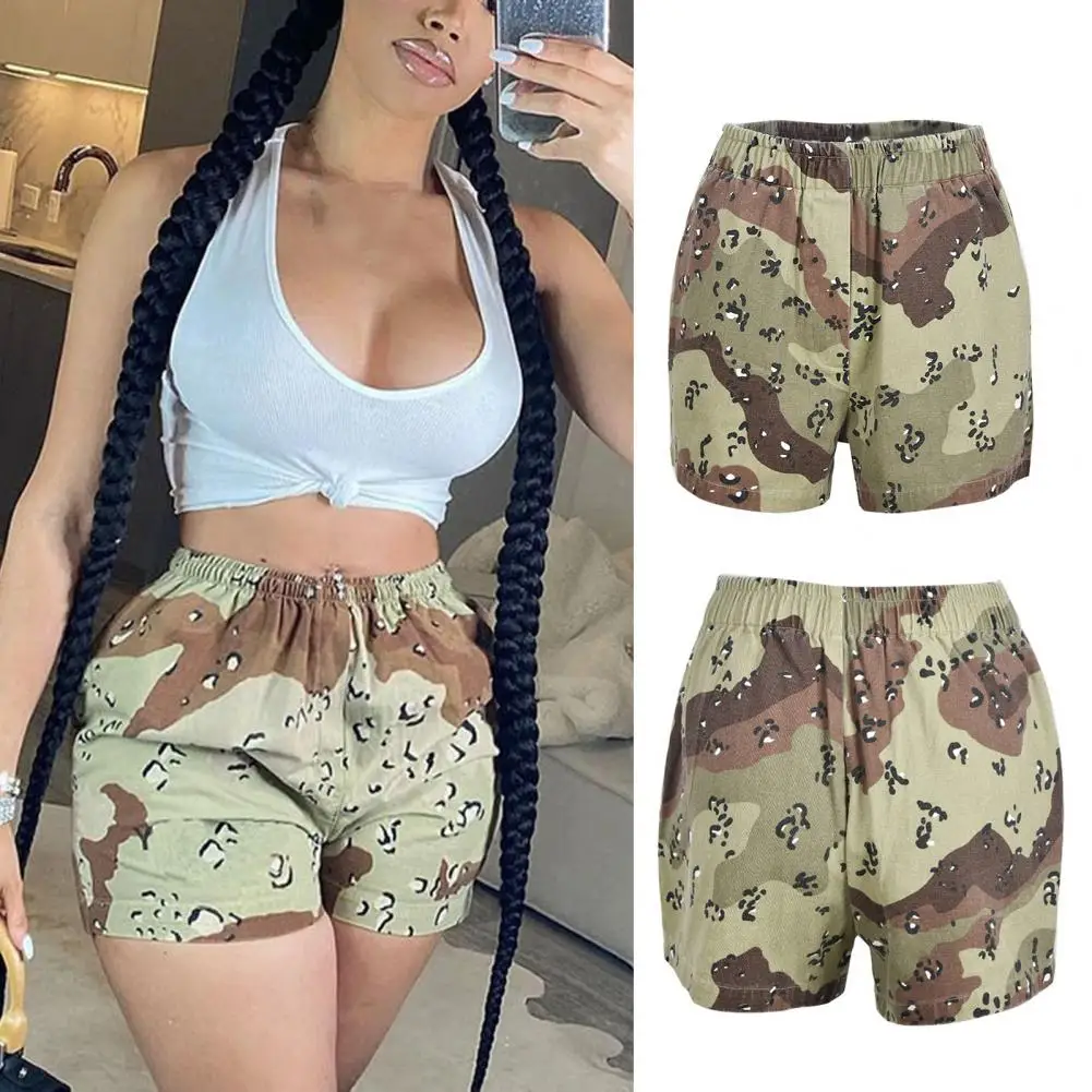 

Camouflage Print Elastic Waist Loose Shorts Mid-Rise Straight Wide Leg Summer Shorts Streetwear Shorts Women Pantalones Cortos