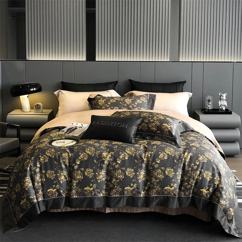 

Luxury American Style 1400TC Egyptian Cotton Gold Floral Printing Bedding Set Silky Soft Duvet Cover Set Bed Sheet Pillowcases