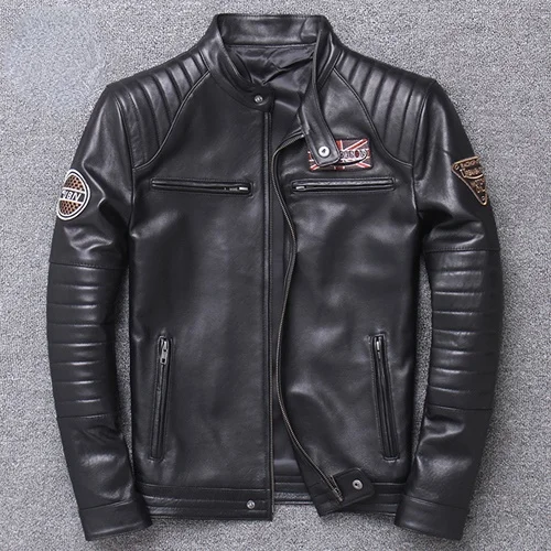 

100% Real Leather Jacket Mens Spring First Layer Cowhide Leather Coat Male Motorcycle Korean Leather Jacket Embroidered Tide FCY
