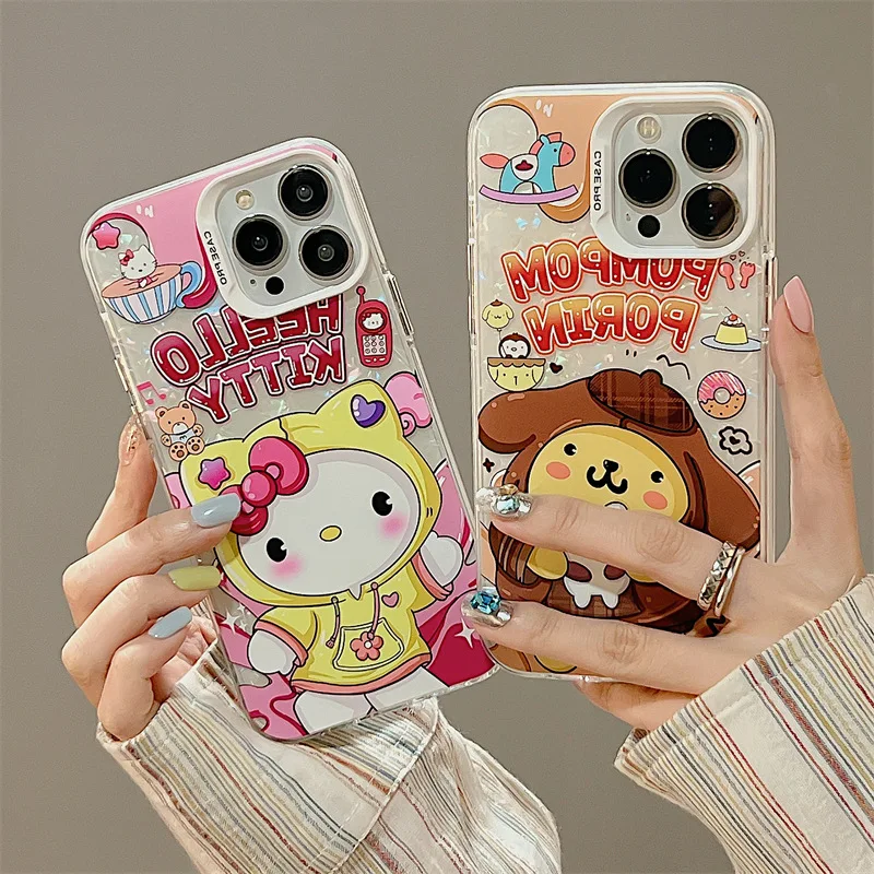 

Чехол для телефона Sanrio с пурпурным помпоном Hello Kitty для iPhone 14 13 12 11 Pro Max X Xr Xsmax 7 8 Plus, мультяшный чехол из ТПУ и поликарбоната Kawiai