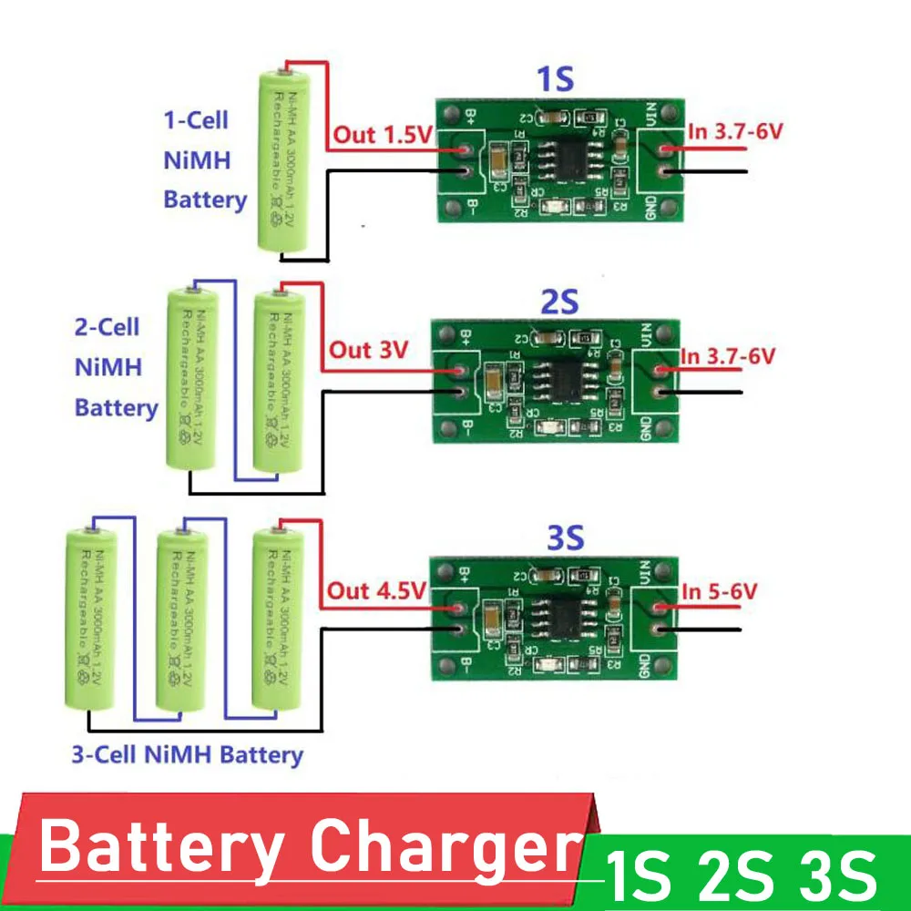 

DYKB 1S 2S 3S CELL 1A NiMH Rechargeable Battery Charger Module Charging voltage 1.5V 3V 4.5V Input 3.7V-6V FOR toys car Solar