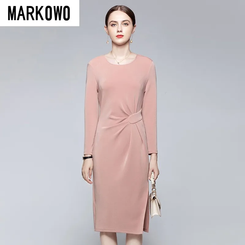 

MARKOWO Desinger Brand 2023 Temperament lady style round neck long sleeve pleated waist split gentle pink solid dress