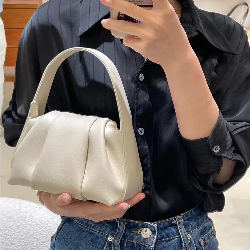 

Korean Chic Minority Ddsigner Cloud Bag Folds Cowhide Luxury Handbag Fashion Commuter Solid All-match Shoulder Bags Purse Clutch