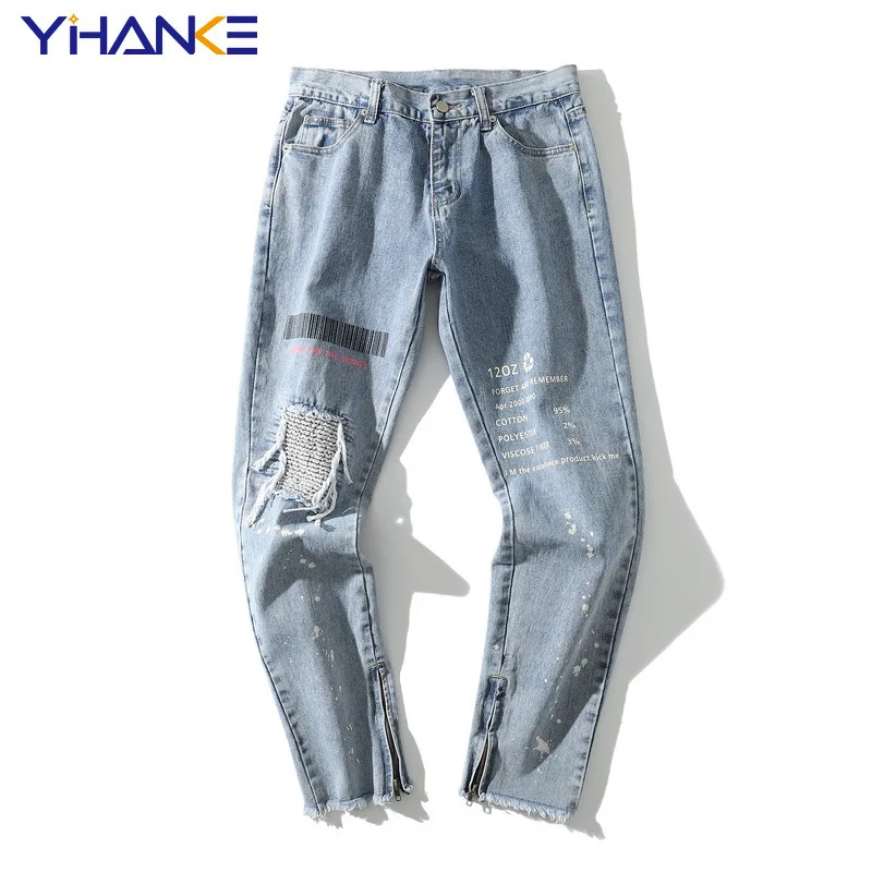 

Джинсы мужские рваные в складку, брендовые оригинальные штаны в стиле High Street, потертые брюки из денима с принтом брызг красок, трендовая оде...