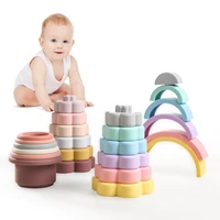 kids silicone flower blocks stacking toy rainbow and flowerpot stack building blocks for children baby silicone teether bpa free