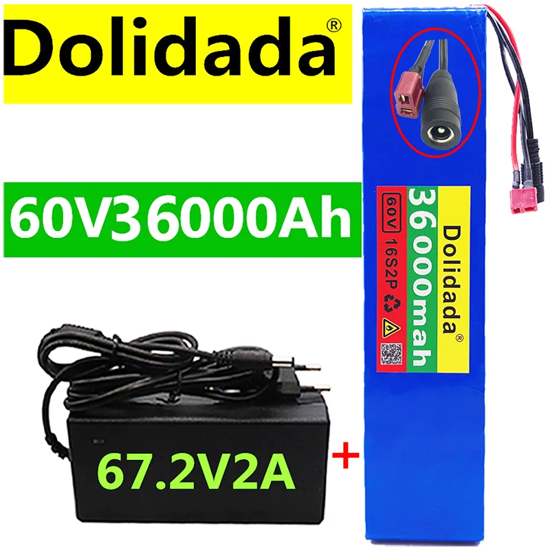 

New 60V 16S2P 36Ah 18650 Li-ion Battery Pack 67.2V 36000mAh Ebike Electric bicycle Scooter with BMS 1000Watt Tplug + charger