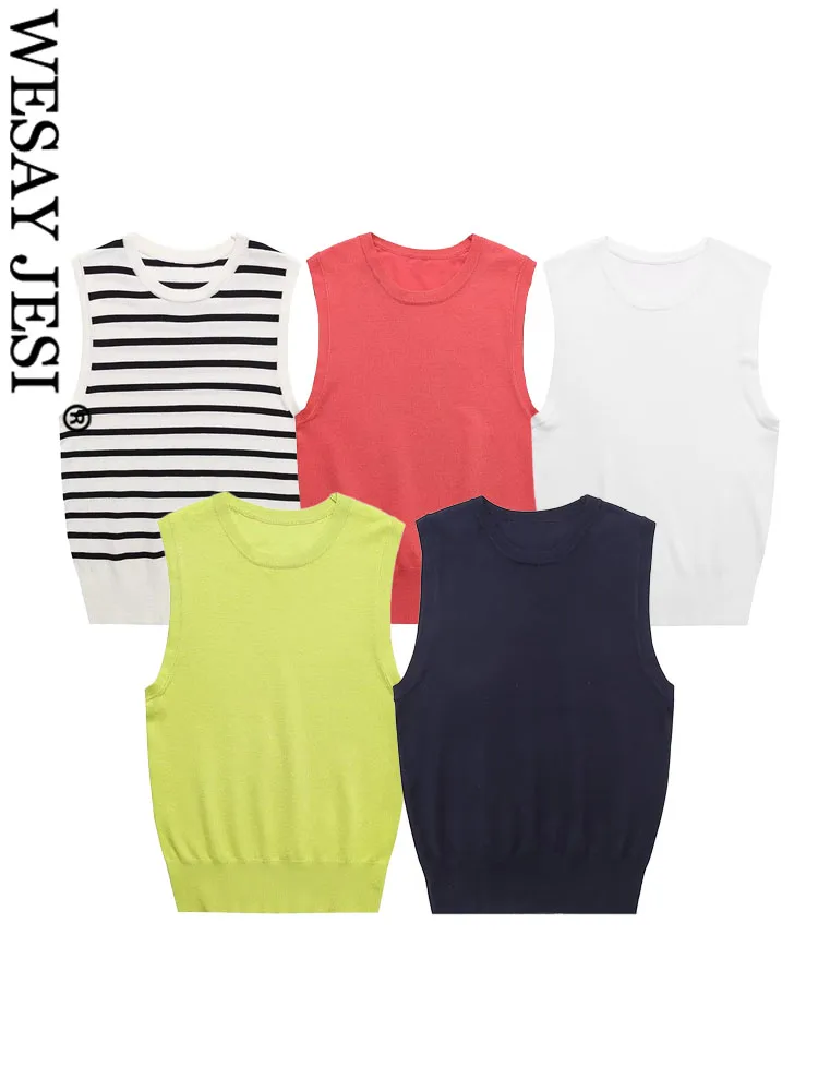 Майка WESAY JESI TRAF женская с круглым вырезом, модный однотонный пуловер без рукавов, облегающий короткий топ с эластичным поясом, 5 цветов, на лето