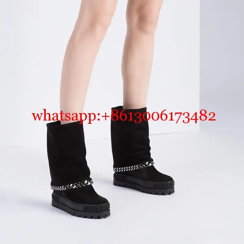 

design brand woman black suede platform sole inner wedge ankle boot chain inner wedge mid-boot woman real photos