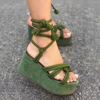 platform sandals women cross rope tie open toe shoes wedge green fashion shoes 2022 new heighten casual footwear women sandalias