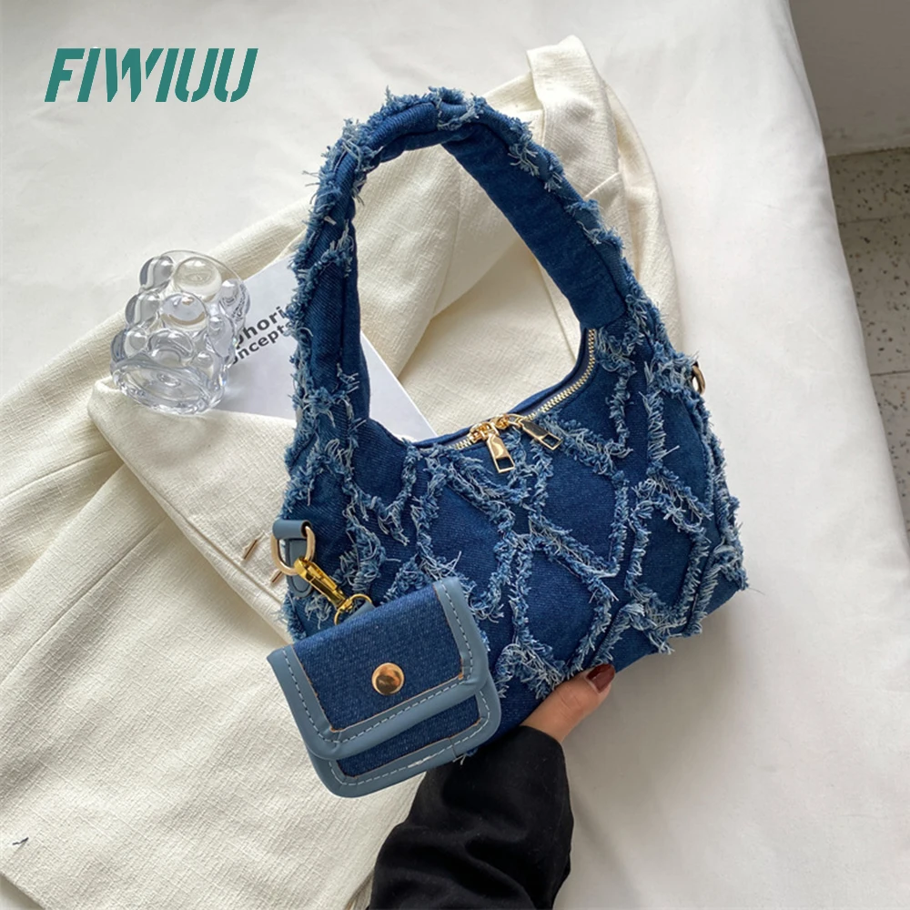 

Fiwiuu Clutch Bag Women Vintage Soft Denim Hobo Bag HandBag Stitching Party Mini Satchel Shoulder Purse Crescent Bag