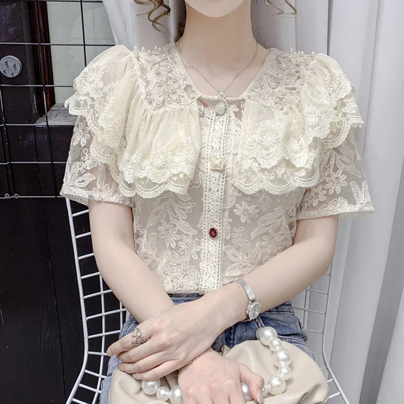 

Ruffled Embroidery Beading Lace Shirt Women Summer Vintage White Blouse Woman Fashion Casual Peter Pan Collar Tops Blusas 24937