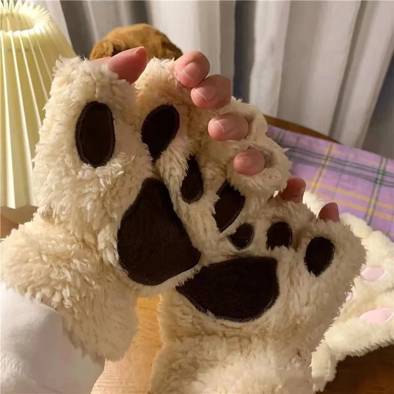 

1Pair Girl Lovely Bear Plush Cat Paw Claw Gloves Winter Faux Fur Kitten Fingerless Mittens for Women Christmas Halloween Gloves