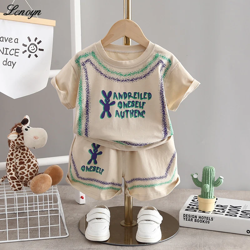 

Lenoyn Summer Boys and Girls Small Medium School Children Clothes Sets Letter Printed Cotton Two Piece Casual Clothing Set
