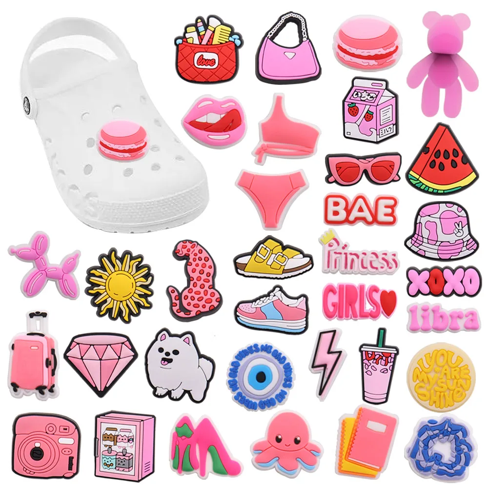 Hot Sale 1pcs PVC Shoe Charms Pink Hat Bag Camera Notebook Accessories DIY Shoe Decoration For Croc Jibz Kids X-mas Gift