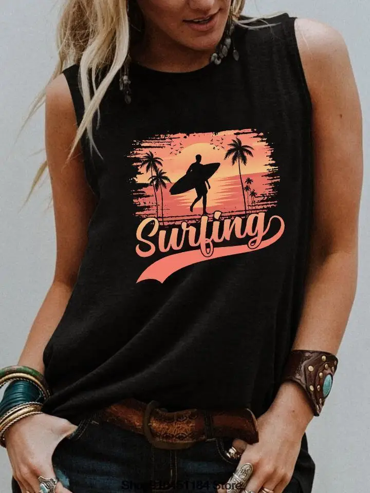 

Women T Shirt Sleeveless Summer Top Femme O-neck Tees Seaside Style Letter Print Daily leisure Elegant Intellectual Vest