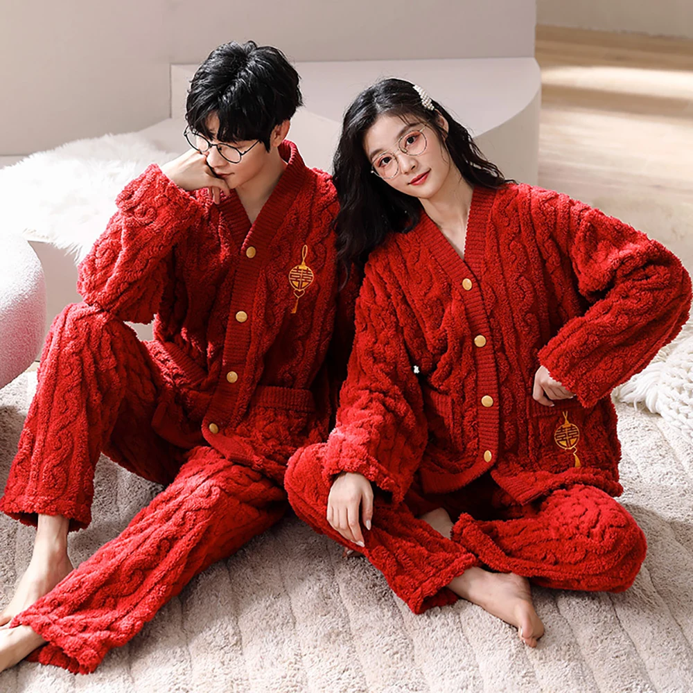 

Luxury Wedding Solid Women's Home Clothes Christmas Pajama Sets for Women Winter Men Flannel Thick Warm Female Pajamas Pyjamas