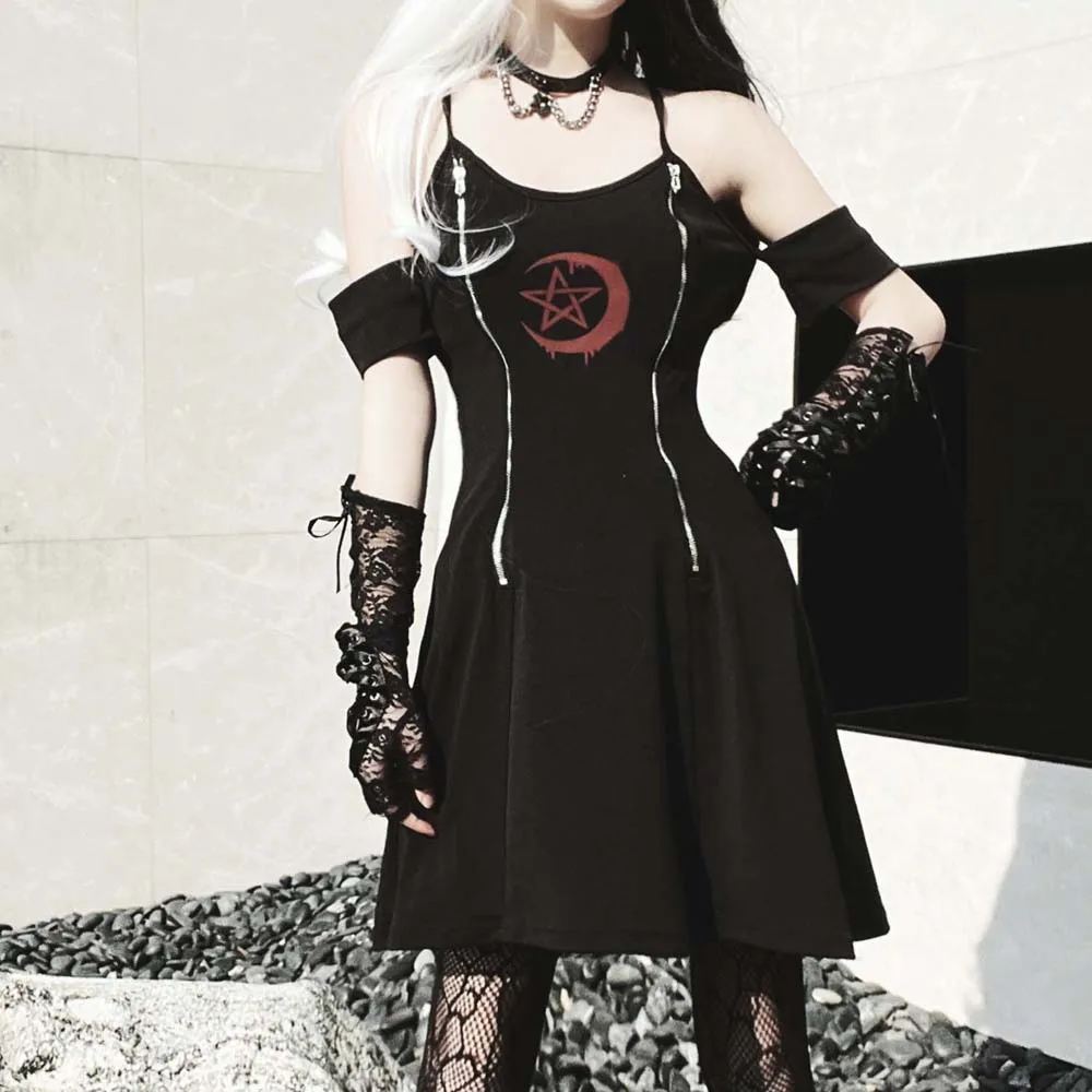 

Rosetic Y2K Women Gothic Dress 2022 Summer Print Retro Spaghetti Strap Zipper Punk Fashion Streetwear Darkness Short Dresses